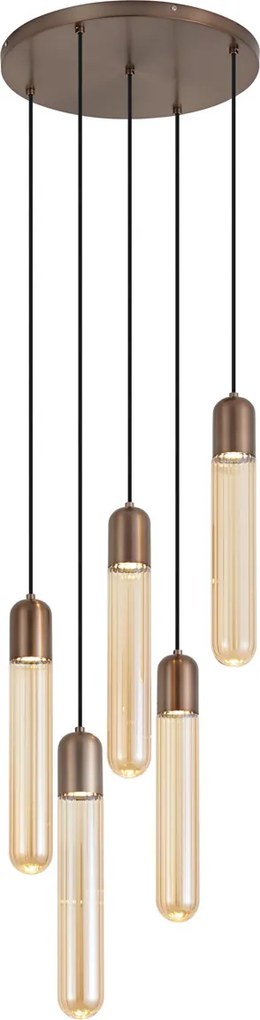 Lampa wisząca Art Deco ciemny brąz z żebrowanym szkłem 5-punktowa - Walcott