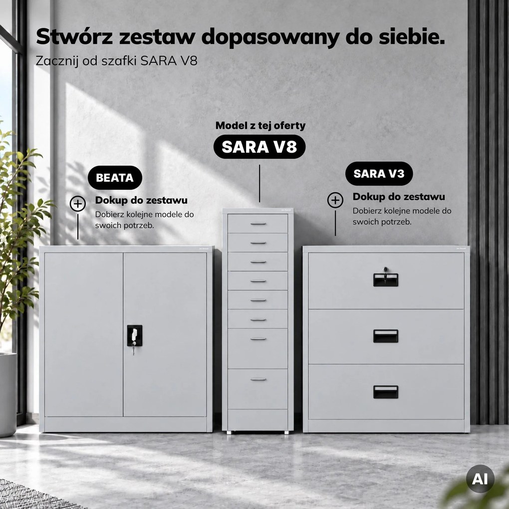 Szafka kartotekowa na kółkach, metalowa, 8 szuflad, na dokumenty, szara, 300x1100x600 mm: SARA V8