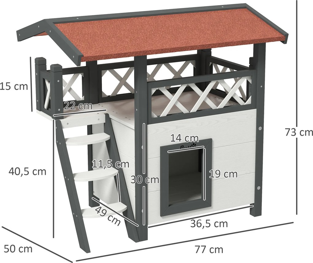 PawHut Domek dla kotów, Chatka dla zwierząt, Dach asfaltowy, 2 Poziomy, 1 Schodek, Biało-Czerwony