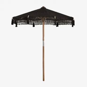 Parasol Z Drewna Tekowego I Bawełny Tongariki Ø220 Cm & Czarna Makrama - Sklum