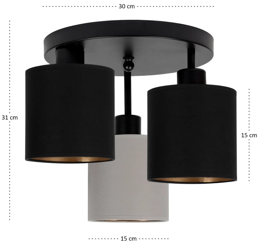 Lampa sufitowa czarna trzypunktowa z szaro-czarnymi abażurami C-3030SC