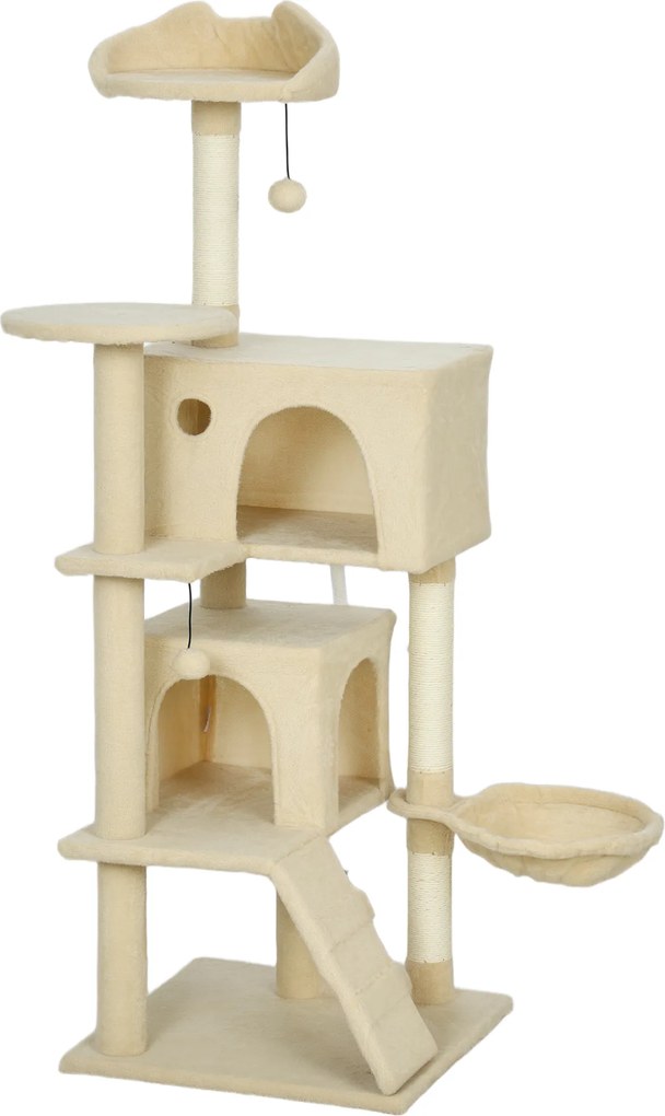 PawHut Drapak 140 cm wieża dla kota z hamakiem, drabinką, budką, 2 pluszowymi piłeczkami, słupkami sisalowymi, 48 x 48 x 140 cm, Beżowy