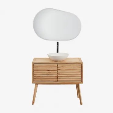 Zestaw Mebli Łazienkowych Z Drewna Deleyna Naturalna & Cement Okrągły Biały Ø40 Cm Zavion & Owalna Lampa Led I - Sklum