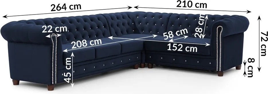 Niebieski aksamitny rozkładany narożnik (prawostronny/w kształcie litery L) York Blik – Ropez