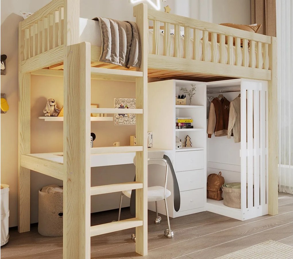 Łóżko na antresoli 90x200cm - z biurkiem + szafą - z 3 szufladami - z drabiną - naturalny​ (materac nie jest wliczony w cenę)