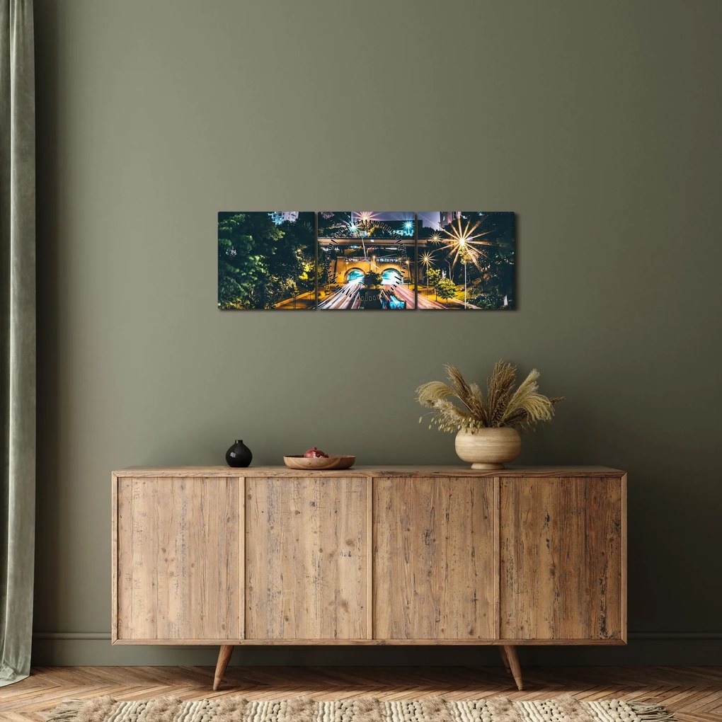 Obraz miasta nocą (z zegarem) (90x30 cm)