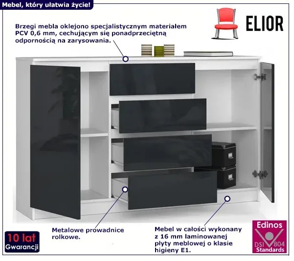 Komoda w połysku z szufladami biały + grafit biały