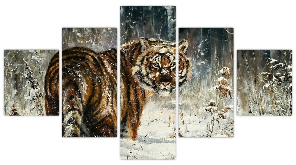 Obraz - Tygrys w zaśnieżonym lesie, obraz olejny (125x70 cm)