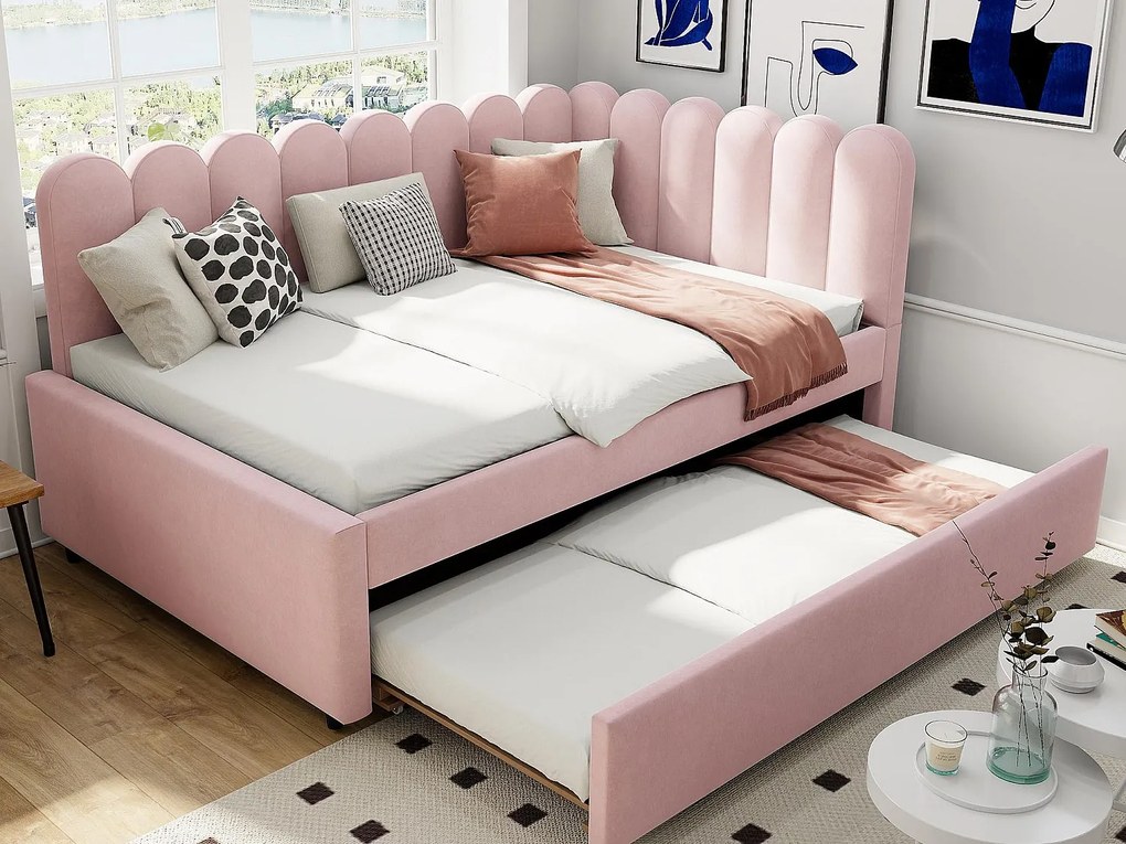 Kanapa rozkładana 140x200 cm - z łóżkiem wysuwanym - welur - różowy (materac nie jest w zestawie)