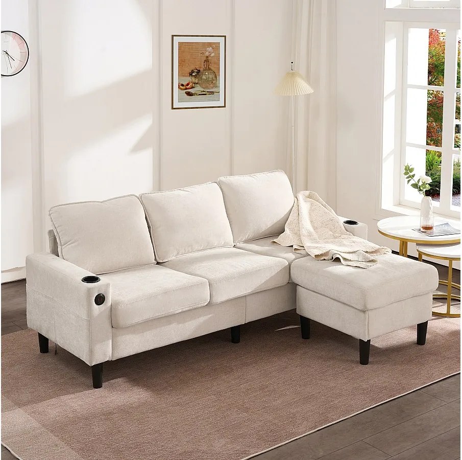 Narożnik - sofa z 2 uchwytami na kubki i ładowarką USB - beżowy len