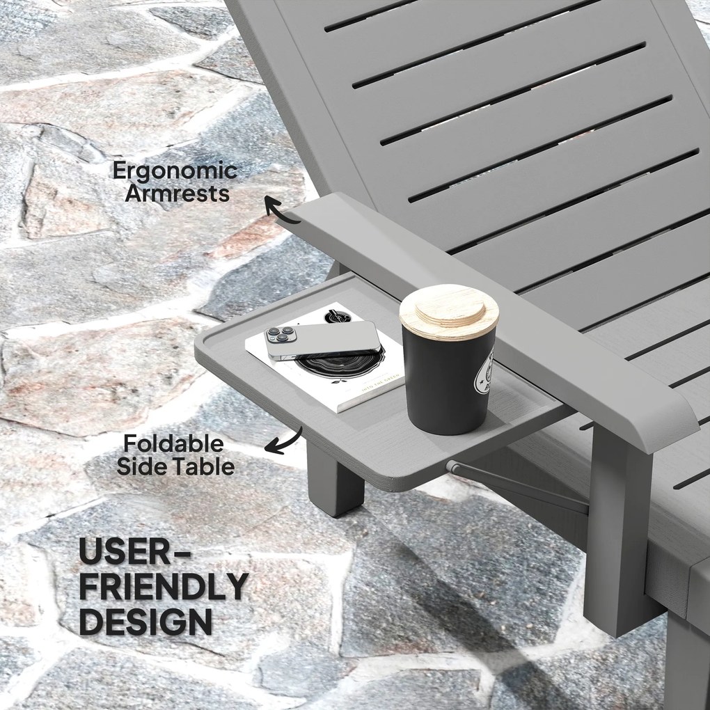 Outsunny Leżak ogrodowy z stolikiem bocznym wygląd drewna leżak z 5-stopniową regulacją oparcia ciemnoszary | Aosom PL