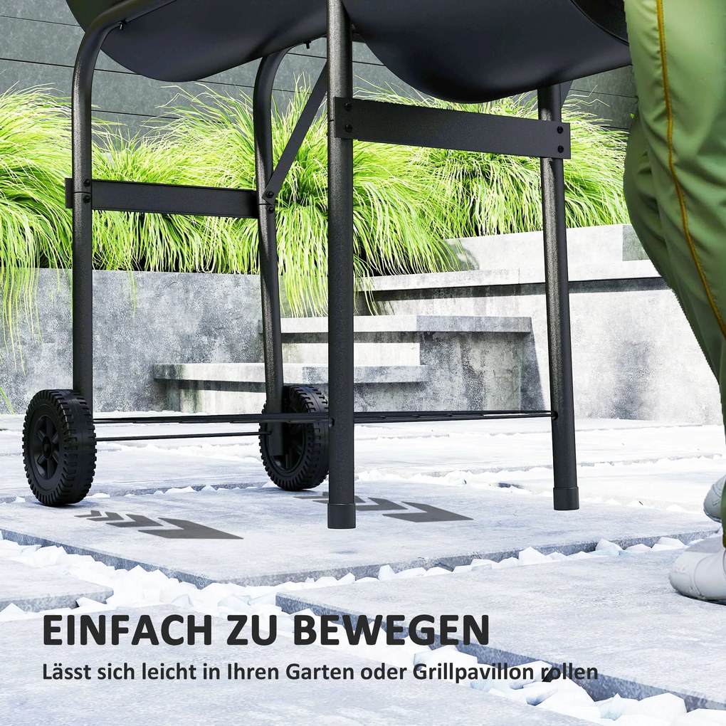 Outsunny Grill węglowy ze stali BBQ Smoker z pokrywą, termometrem, kołami, dopływem powietrza i wanienką na węgiel