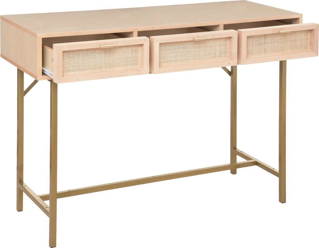 Wąska konsola boho RAYO z 3 szufladami i plecionką wiedeńską