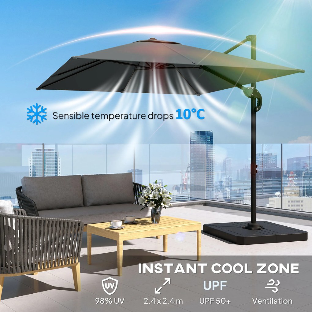 Outsunny Aluminiowy parasol ogrodowy Ø244cm z korbą, stojakiem, wodoodporny, obrotowy 360°, ciemnoszary | Aosom PL