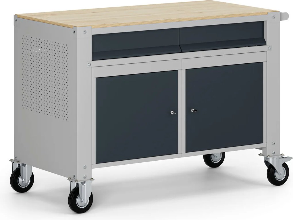 Mobilny stół warsztatowy G9, 2 szafki, 2 szuflady, 1180 x 595 x 865-1130 mm, szary/grafitowy