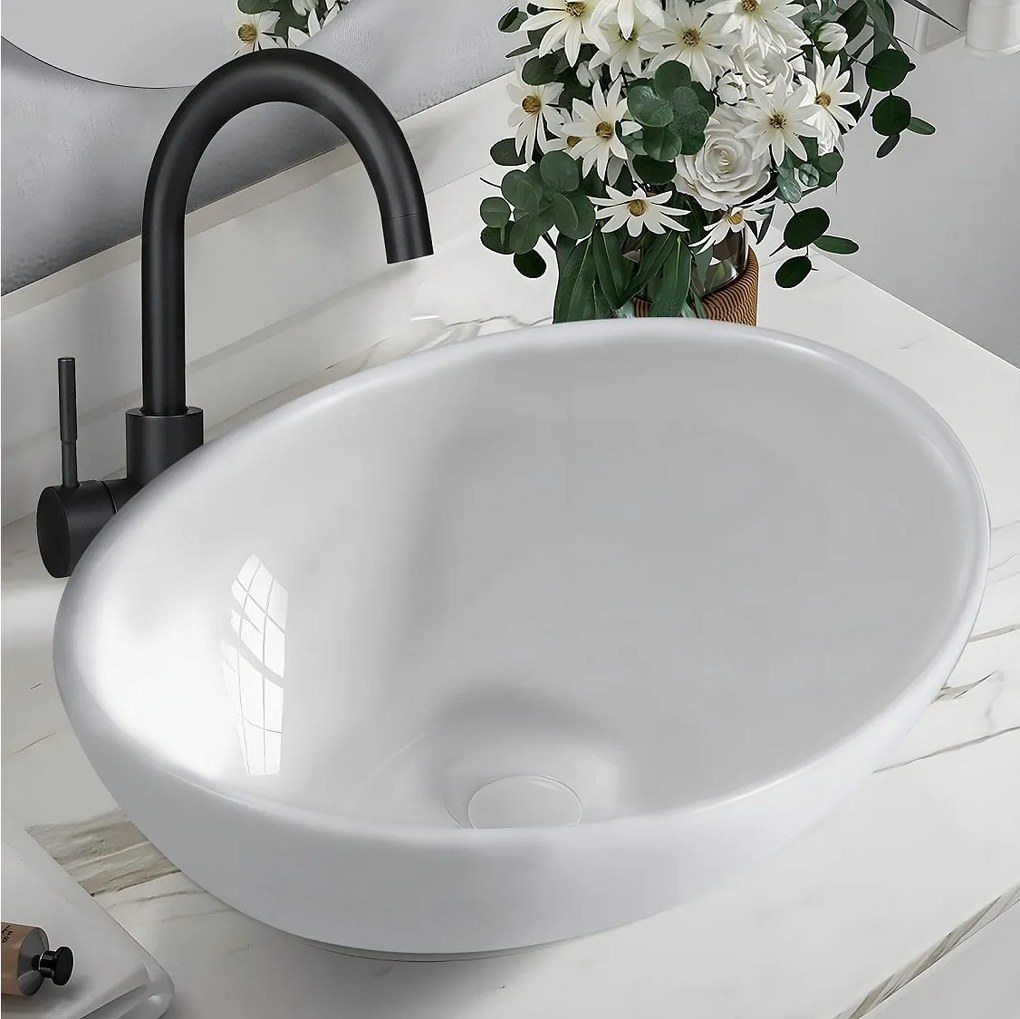 Umywalka łazienkowa NETTLIFE, owalna umywalka nablatowa z efektem lotosu, biała