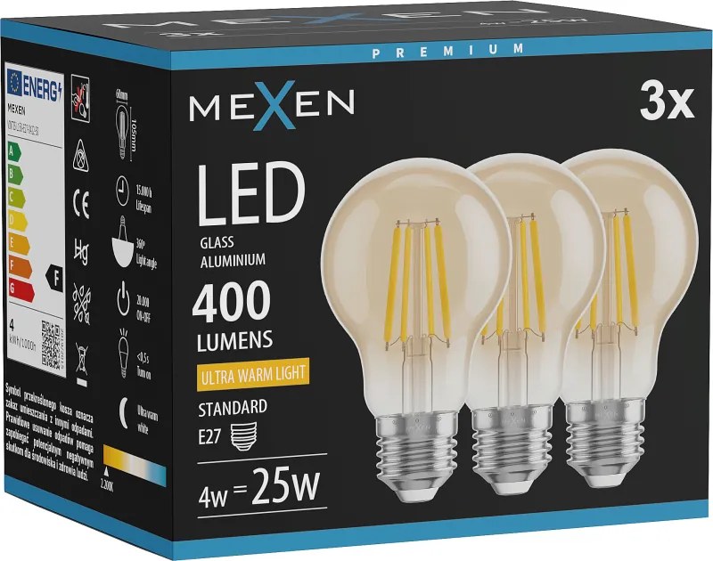 Mexen Vintis 3x żarówka filament LED E27, A60, 4W, Ciepła - 2200K, 400 lm, amber - L150-E27-0422-50x03