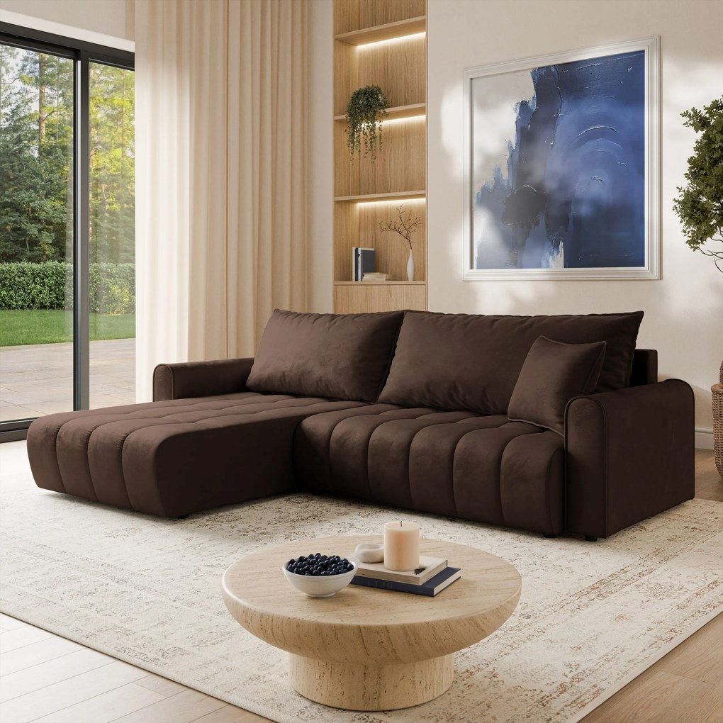 Masseno Narożnik FRIGA z funkcją spania i pojemnikiem na pościel Narozniki L, Rozkładana sofa - Brązowy, MONOLITH 29