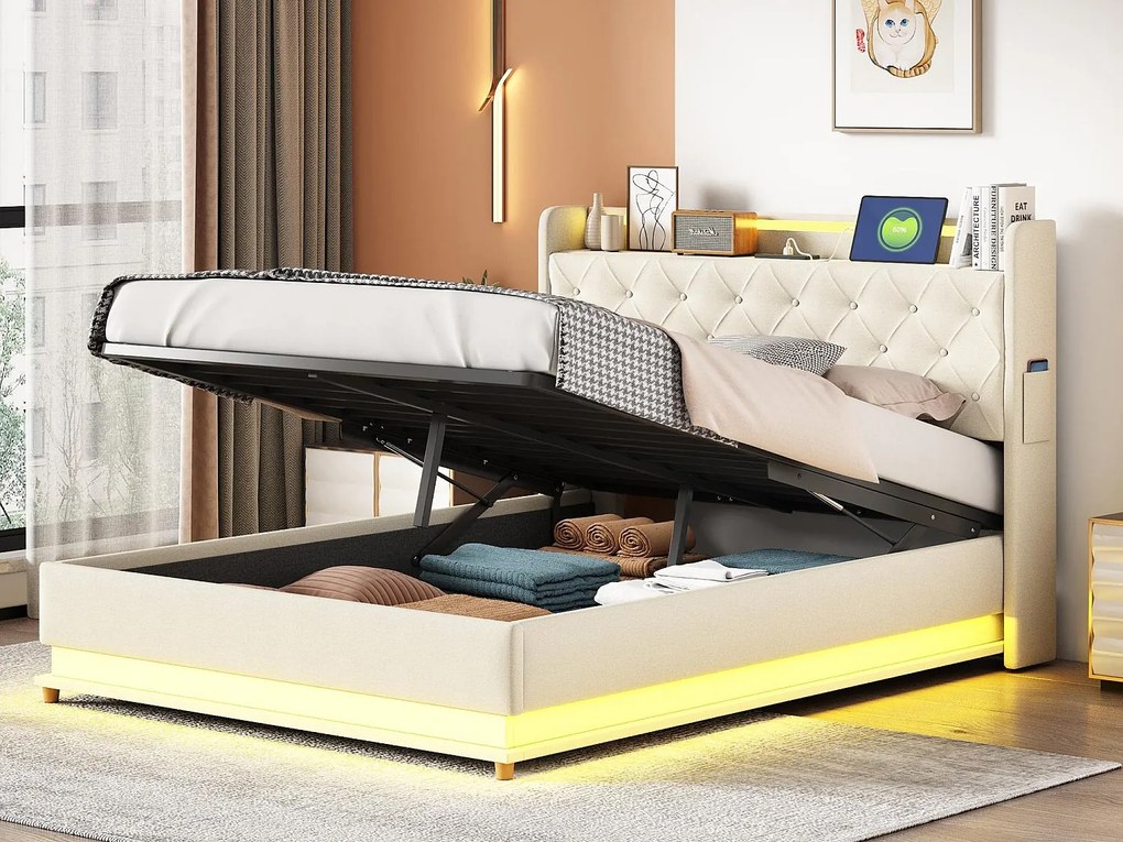Łóżko z tapicerowanym zagłówkiem z LED 140x200 cm - z portem ładowania USB - z tkaniny lnianej - Beżowe