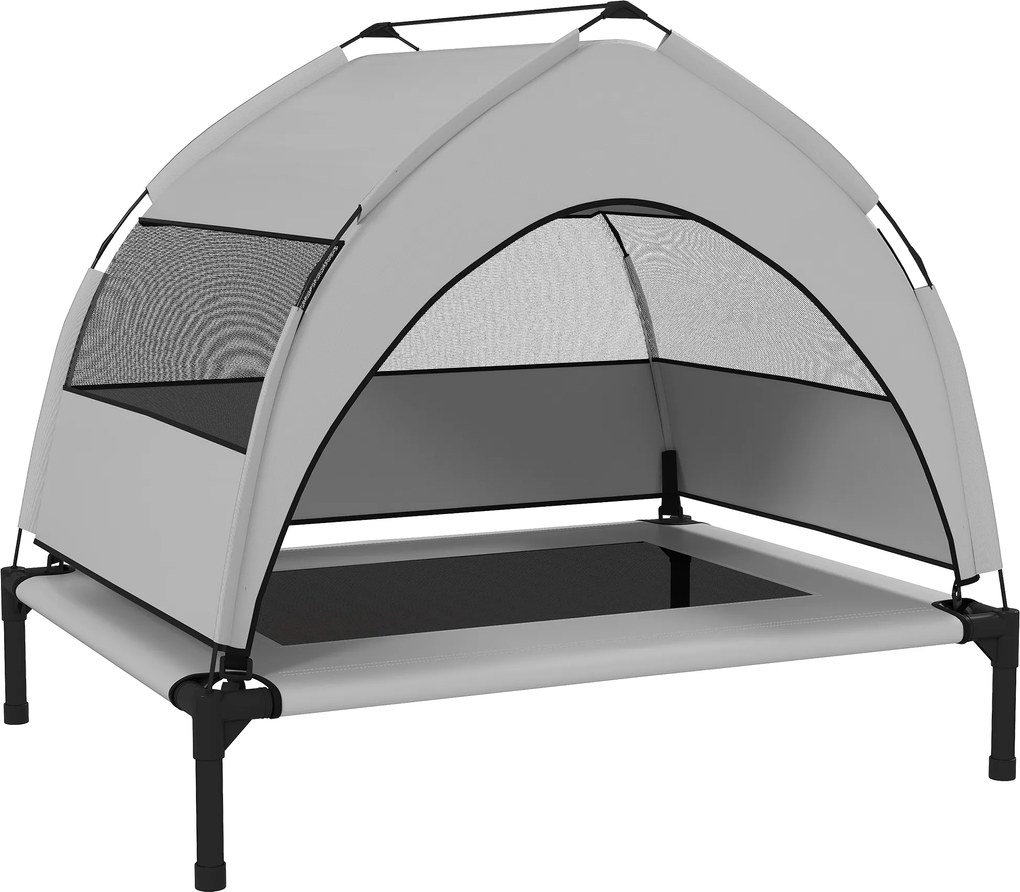 PawHut Łóżko dla psa na zewnątrz z dachem, podwyższone łóżko dla średnich psów, z ramą stalową, 76x61x70 cm, jasnoszary | Aosom PL