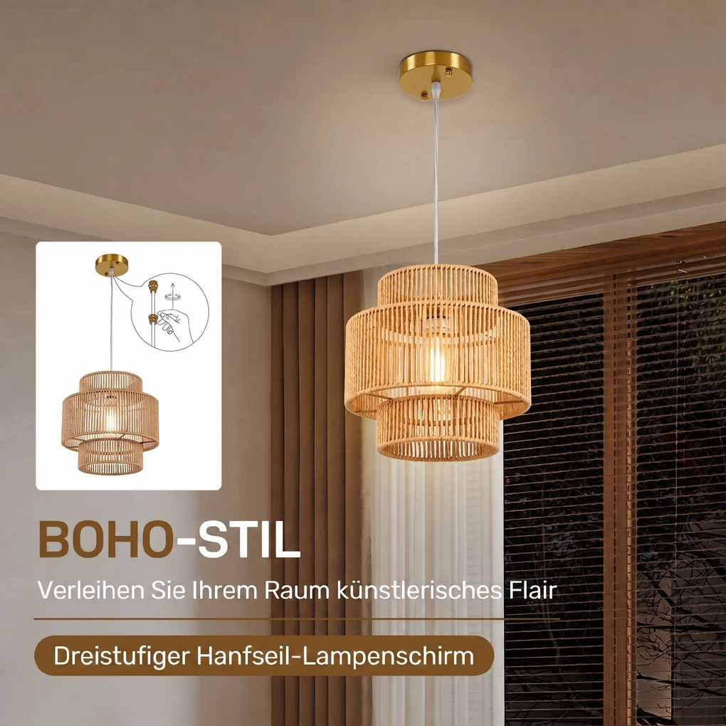 HOMCOM Lampa wisząca, 3-stopniowy abażur, metal, sznurek konopny, jasnobrązowy | Aosom PL
