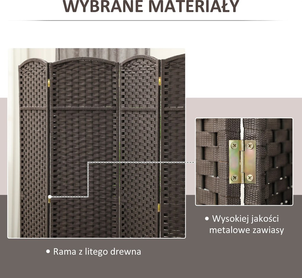 HOMCOM 4-częściowy parawan, Składana osłona prywatności, Ekran dla salonu, sypialni, biura domowego, Brązowy