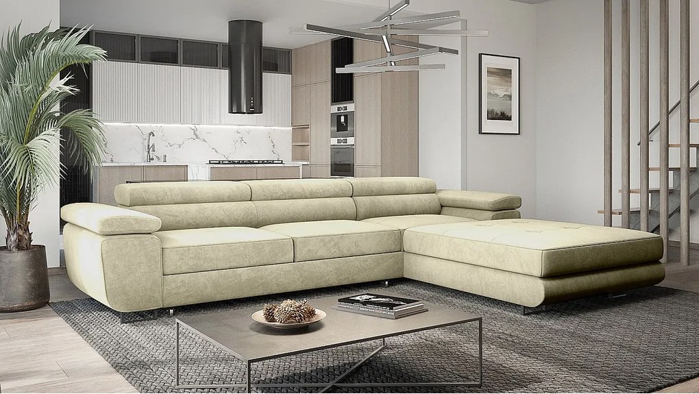 Emporius Sorlo Twin narożnik z regulowanymi zagłówkami - narożnik z pojemnikiem - funkcja spania, sofa 280 cm, prawostronny, tkanina aksamitna, beżowy (Monolith 02)