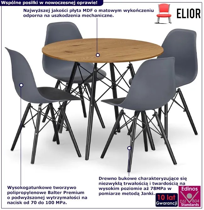 Okrągły stół dąb 80 cm w zestawie z 4 krzesłami do jadalni - Nadikos 5X 2 kolory