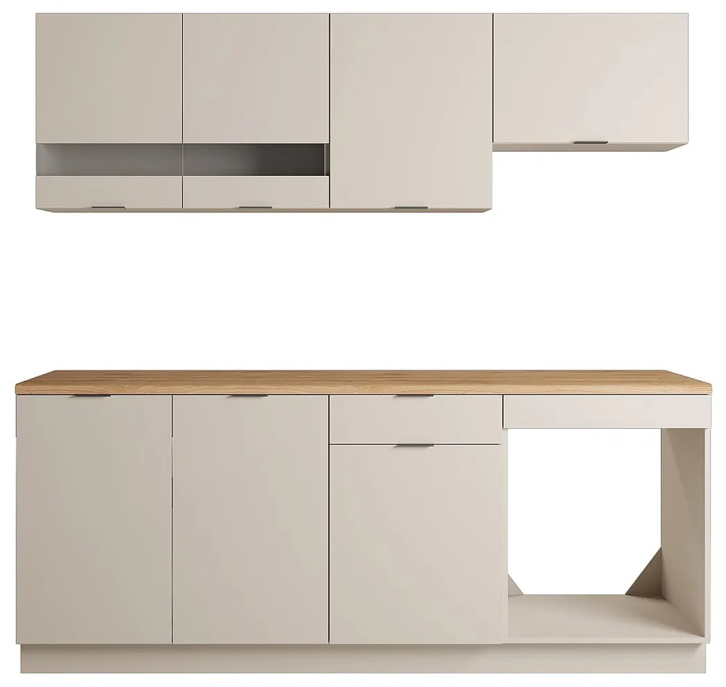 Zestaw mebli kuchennych - Z blatem 200 cm - Beżowy i Naturalny - CARMEO