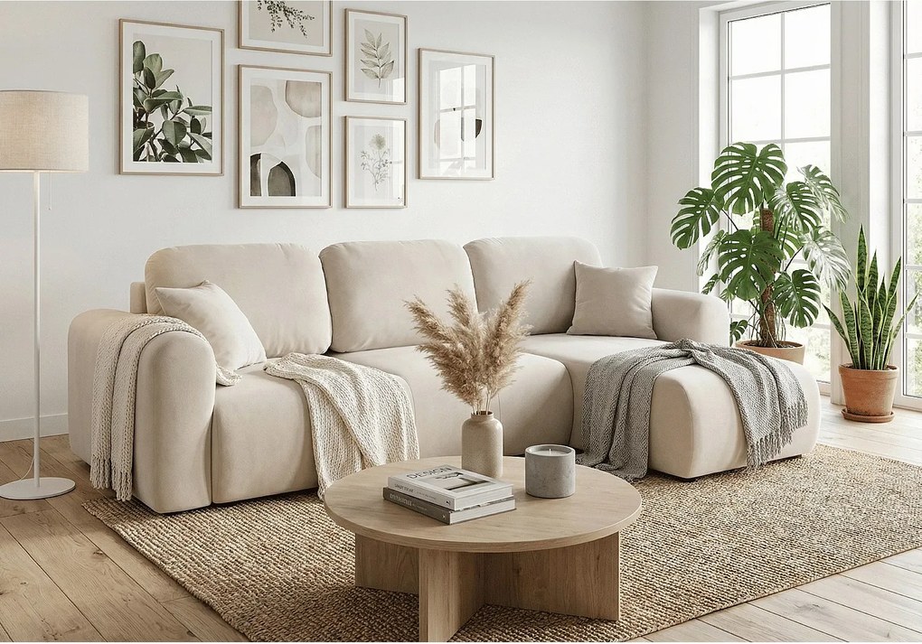 Stylowy narożnik rozkładany prawostronny BINGO L 245x148x87 cm w tkaninie Paros 1 beżowej