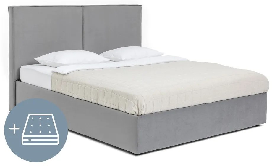 Szare tapicerowane łóżko dwuosobowe ze schowkiem z materacem i stelażem 180x200 cm Thessa Bold – Bonami Selection