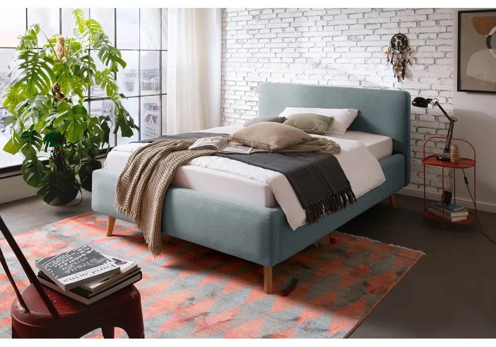 Szaroniebieskie tapicerowane łóżko dwuosobowe ze schowkiem ze stelażem 140x200 cm Mattis – Meise Möbel