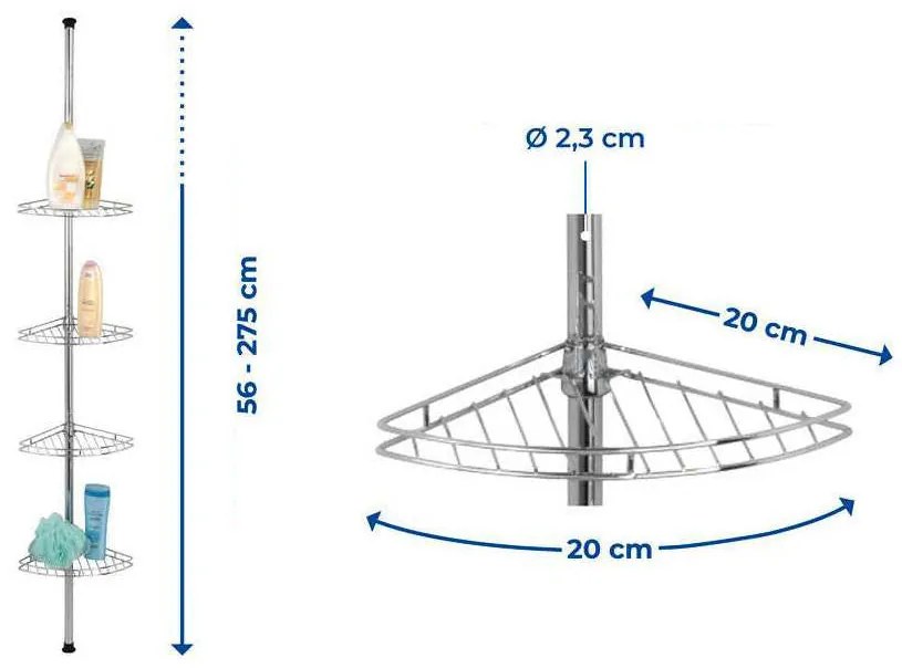 Narożna, teleskopowa półka łazienkowa pod prysznic - aż 4 poziomy
