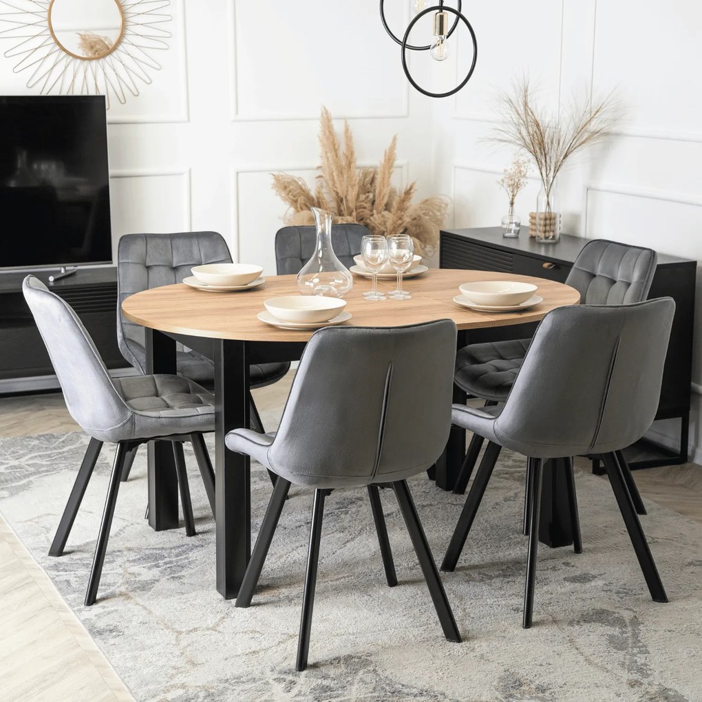 Zestaw Stół Okrągły Rozkładany HARRY 102-142 cm Dąb Craft/Czarny i 6 Krzeseł Tapicerowanych RICK Szarych Nowoczesnych