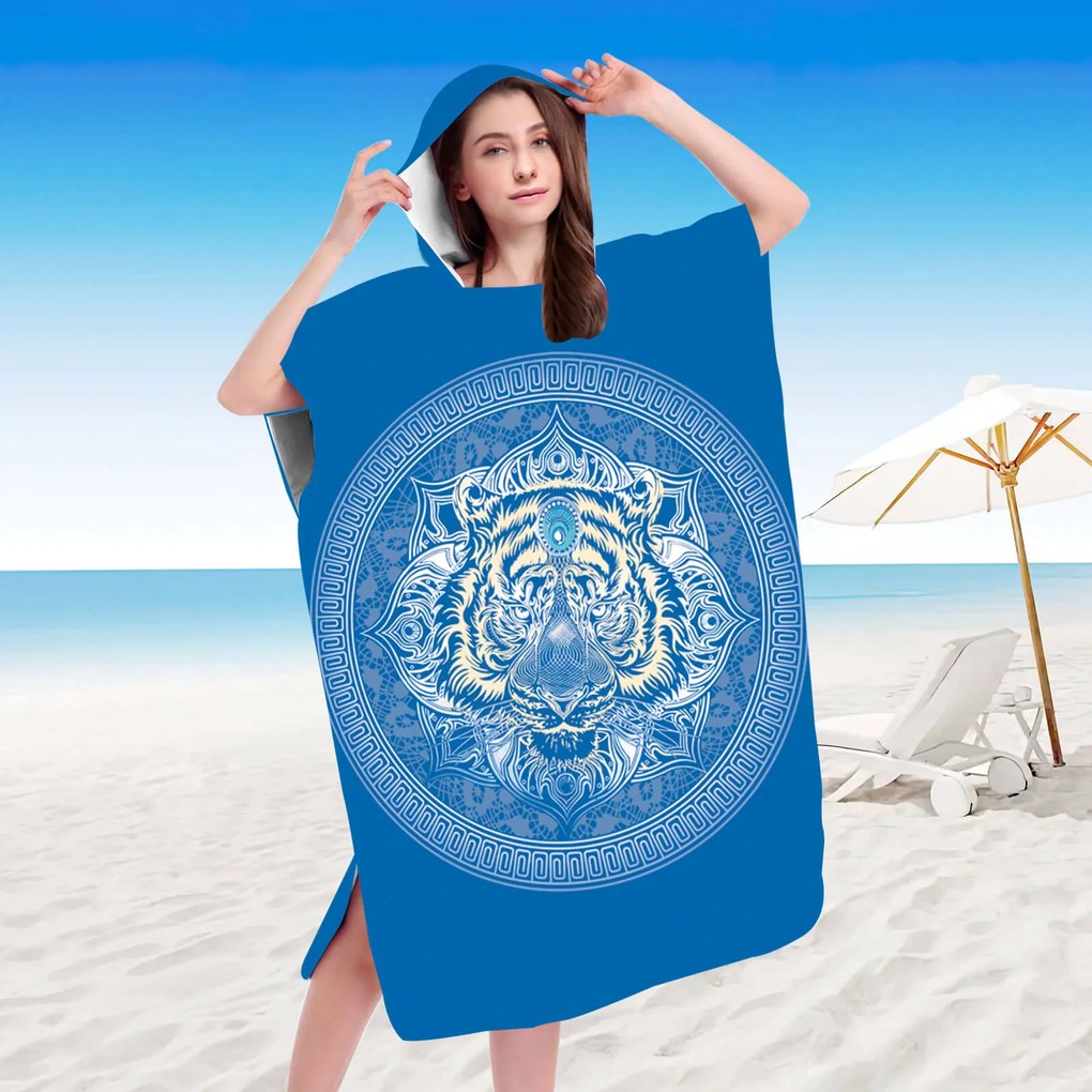 Ponczo plażowe TIGER niebieskie 80x145 cm