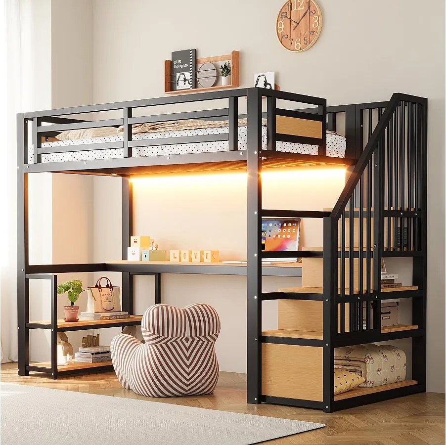 Łóżko piętrowe metalowe dla dzieci - 90 x 200 cm - z diodami LED + gniazdko elektryczne + drabinka + półki + stolik - czarne