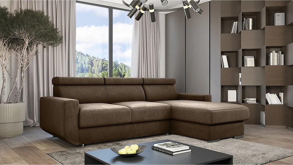 Emporius Braga narożnik z funkcją spania - pojemnik, regulowane zagłówki - sofa rozkładana, prawostronny, tkanina aksamitna, brązowy (Monolith 09)