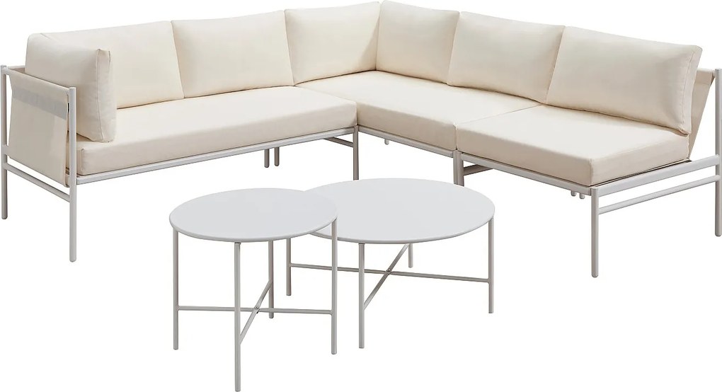 Zestaw mebli ogrodowych, modułowy,  ze stali: 2 narożne sofy, 1 fotel i stoliki wsuwane - Biały - ULAME od MYLIA
