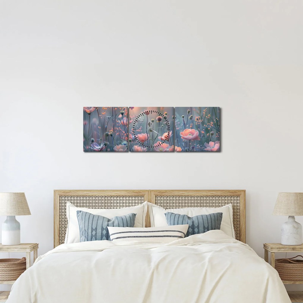 Obraz - Kwiaty w pastelowych kolorach (z zegarem) (90x30 cm)