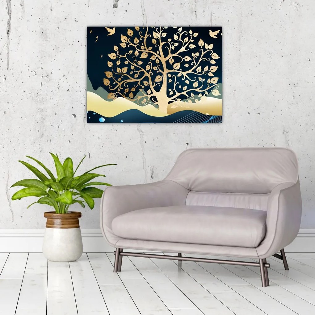 Obraz na szkle złotego drzewa (70x50 cm)
