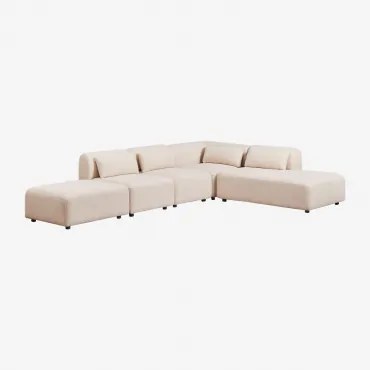 Sofa Modułowy Narożny 4-częściowy Z Prawym Szezlongiem I Pufem Fogler Tkanina Baranek Boucle Kremowy Beż - Sklum