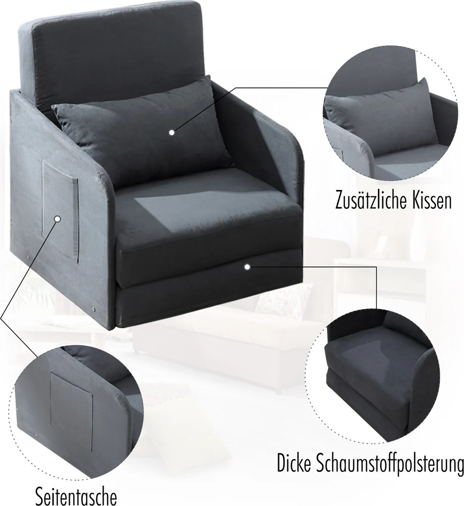 HOMCOM® sofa do spania sofa rozkładana sofa pojedyncza pokrowiec do prania 2 kieszenie boczne poduszka metal szary 70 x 76 x 77 cm