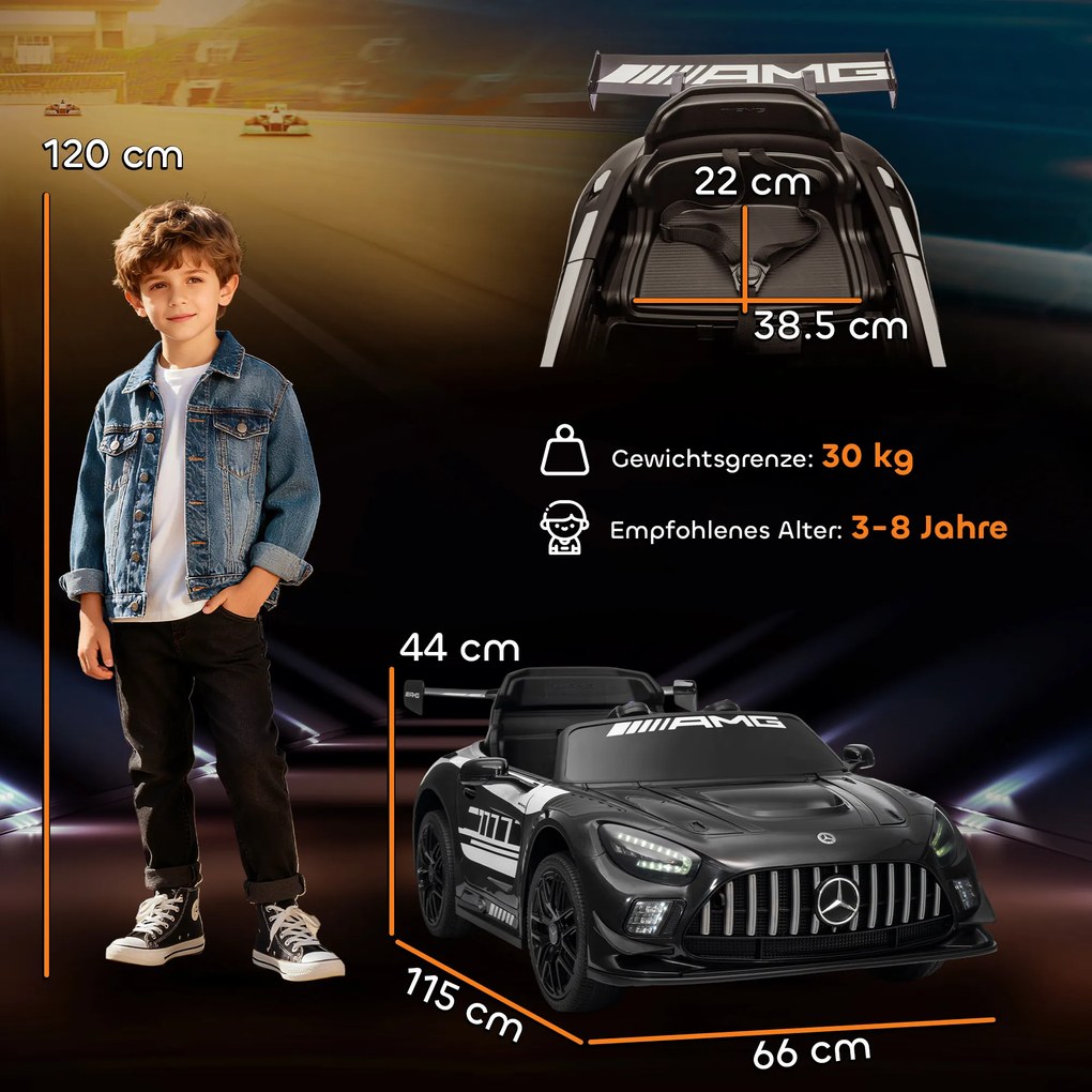 AIYAPLAY Samochód elektryczny Mercedes, samochód na siedzenie dla dzieci, bateria 12V, światła LED, funkcja muzyczna, klakson, 3-8 lat, czarny