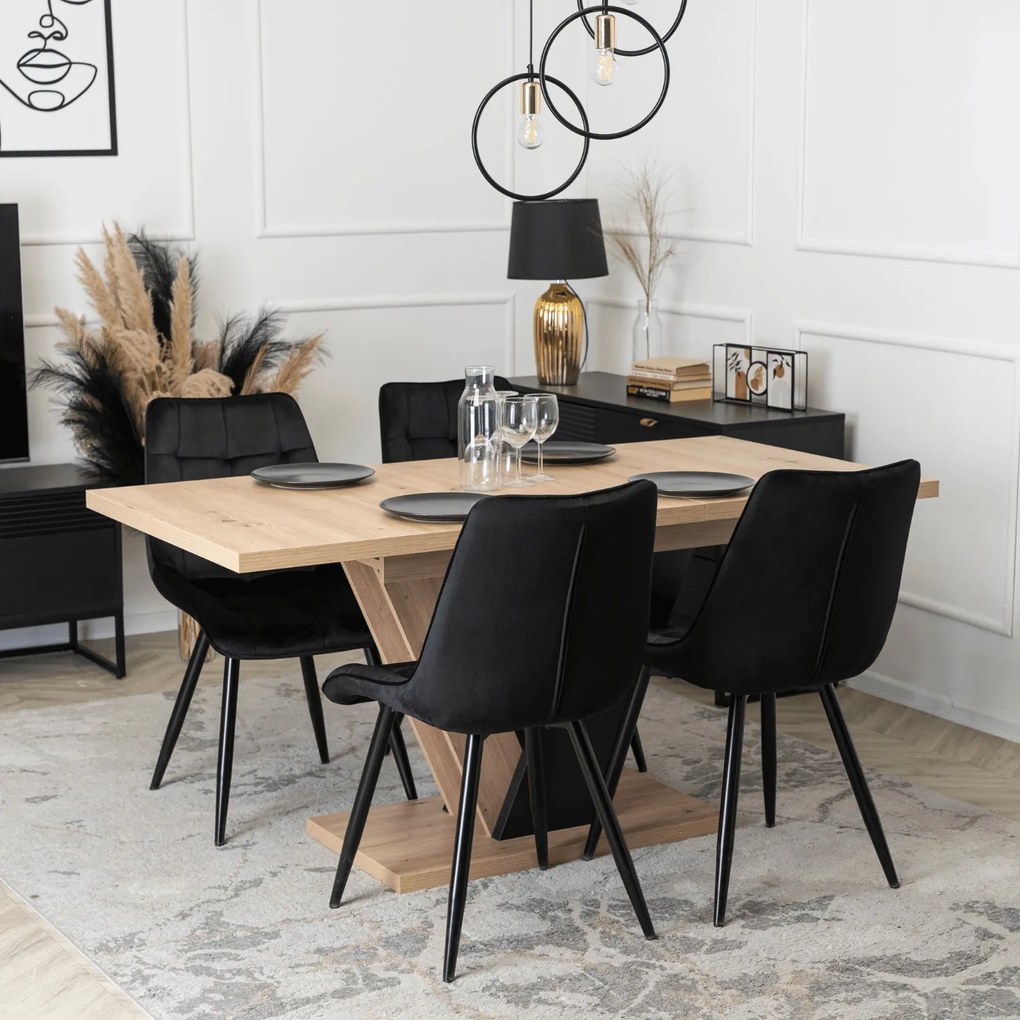 Zestaw Stół Prostokątny Rozkładany CLARK 120-160 cm Dąb Artisan/Czarny i 4 Krzesła Tapicerowane RIO Czarne Welurowe