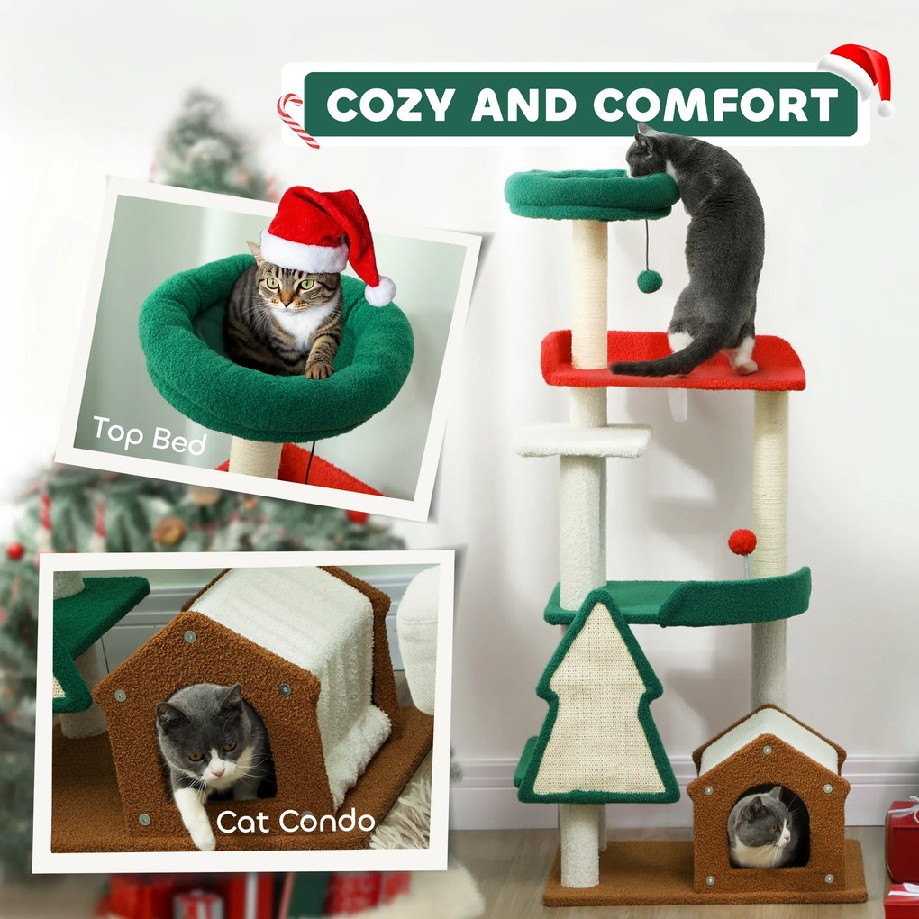 PawHut 135 cm Drapak dla kotów w świątecznych kolorach z łóżkiem dla kota, domkiem, słupkami do drapania, platformami do skakania, zabawkami z piłkami
