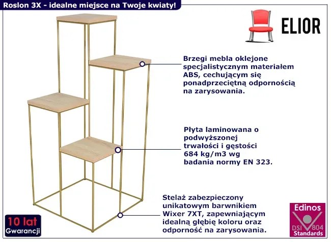 Stojący kwietnik z metalowym stelażem złoty + dąb sonoma - Roslon 3X