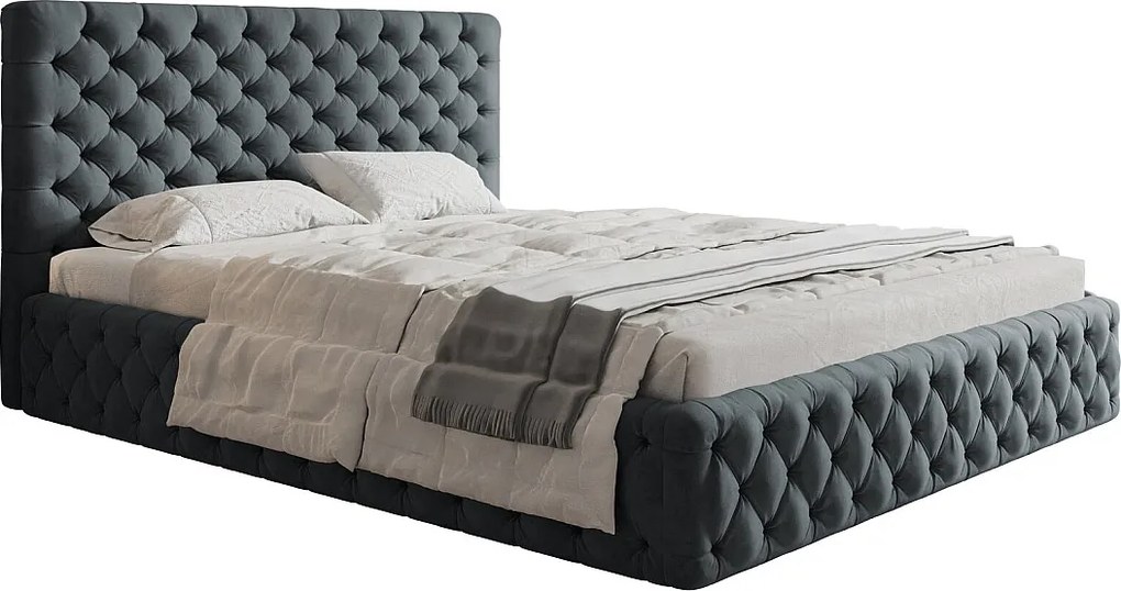 Łóżko 140x200 Furis z pojemnikiem - łóżko w stylu glamour w tkaninie welurowej - pojemnik i stelaż w zestawie - ciemny szary (Jasmine 96)