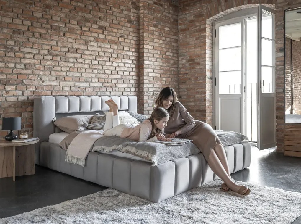 Łóżko tapicerowane LAMICA VELVET 160x200 jasnoszare z pojemnikiem ELTAP