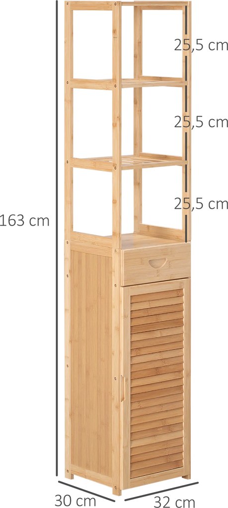 kleankin Regał łazienkowy, 3 otwarte półki, szuflada, drzwi żaluzjowe, bambus, 32 x 30 x 163 cm