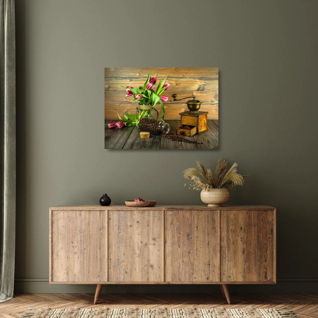 Obraz na szkle - tulipany, młynek i kawa (70x50 cm)
